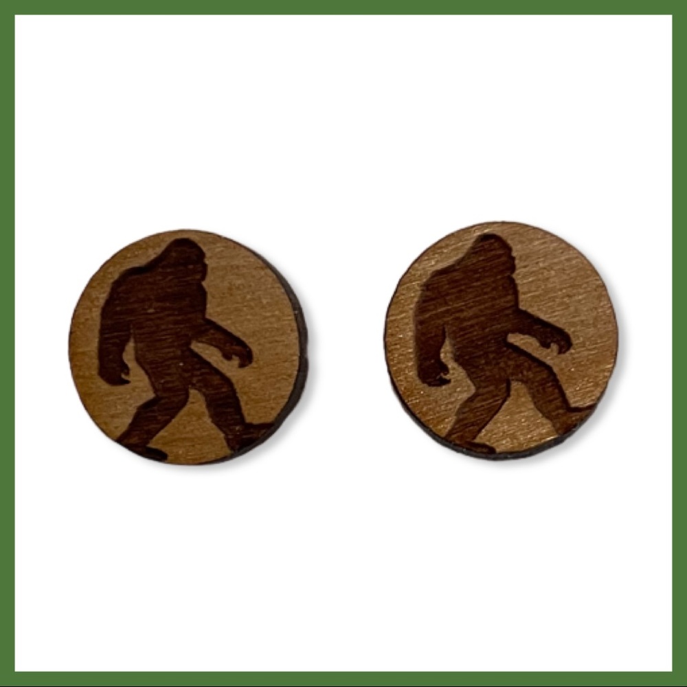 Wood Engraved Bigfoot Stud Earrings